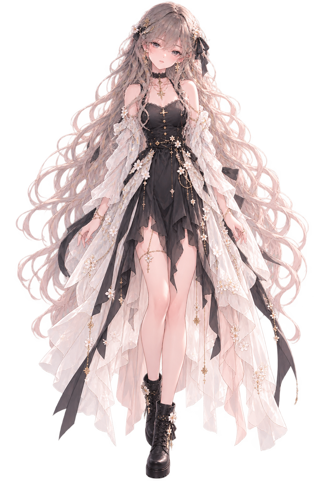 Eva in a black dress and ivory cape, with long ash-gray hair.