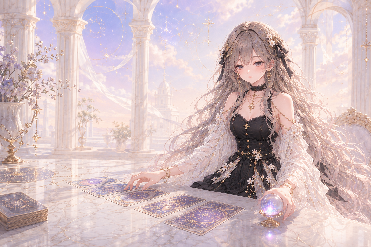 Eva in her black dress reading a tarot spread at a luminous marble table.